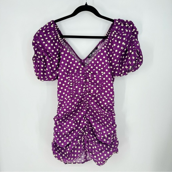 Zara Purple Polka Dot Cotton Linen Pin Up Rockabilly Puff Sleeve Mini Dress - Picture 1 of 4